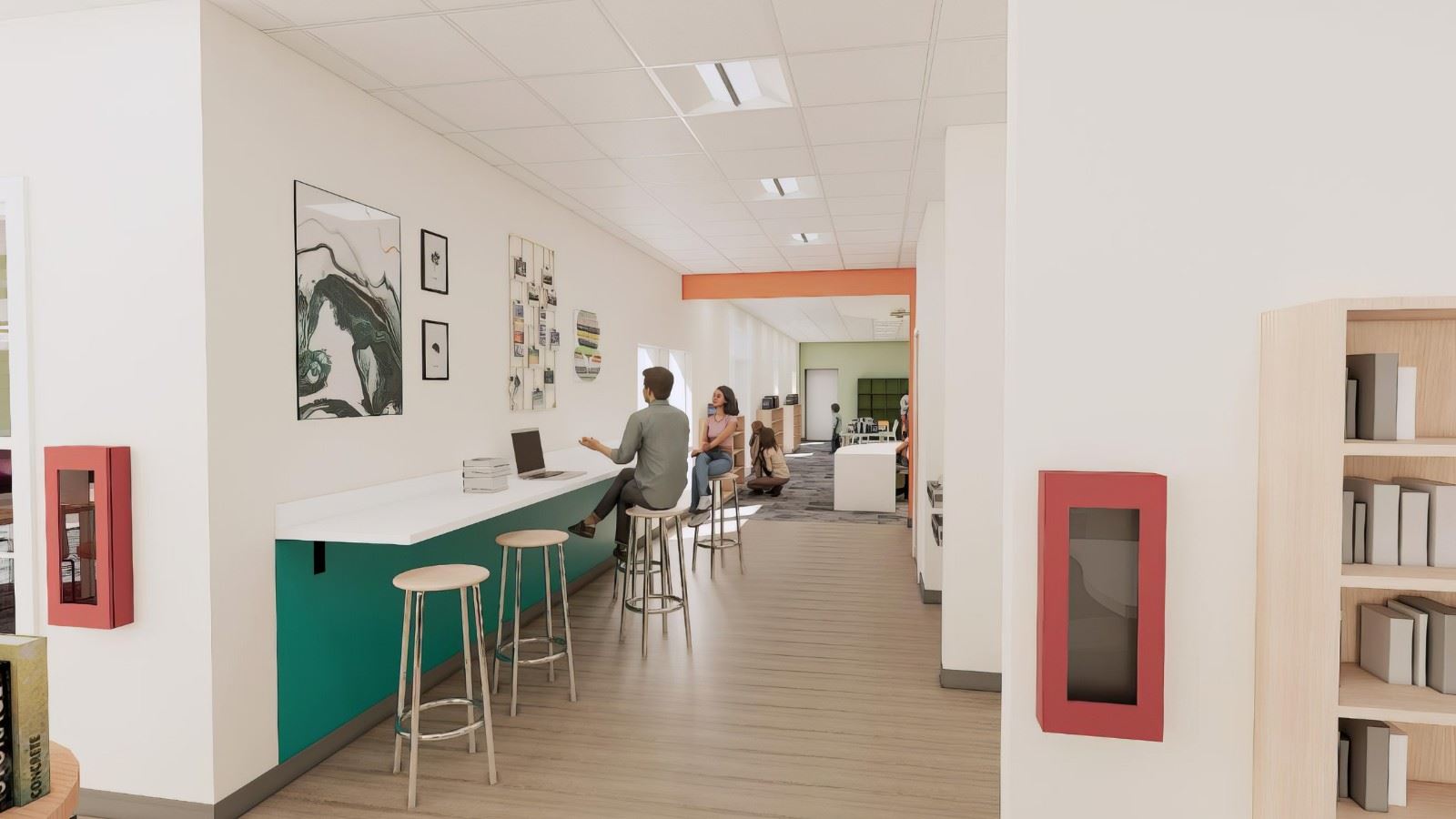 Library meeting room with a U-shaped table, chairs, & built-in cabinets for group discussions