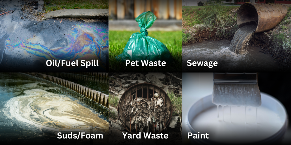 Graphic with various illicit discharge items: oil spill, pet waste, sewage, foam, waste, paint