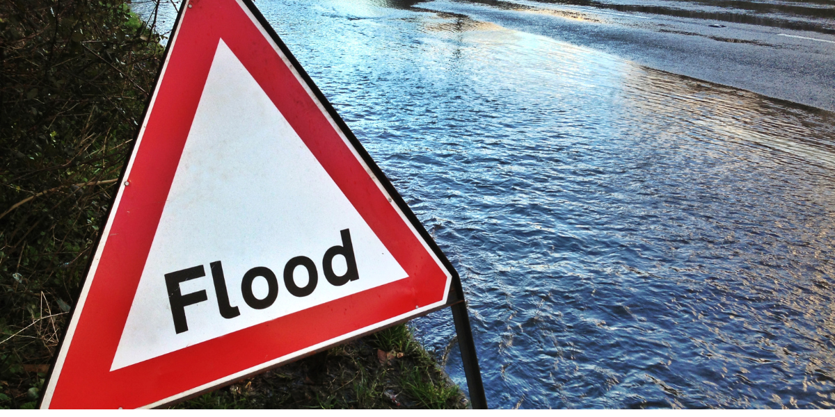 flooded road with red and white triangle caution sign, labeled \"flood\"